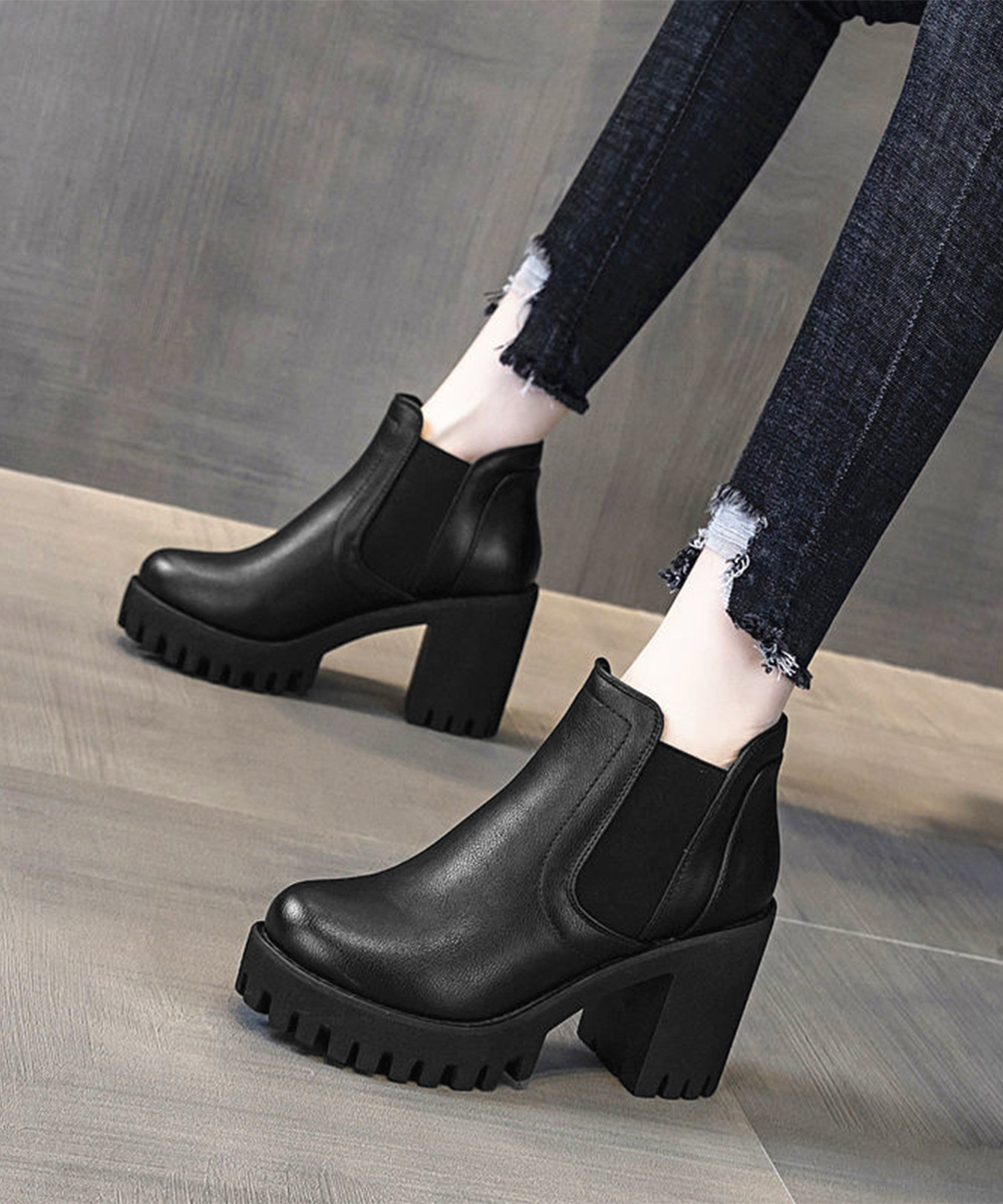 黒靴 レディース黒厚底サイドゴア太ヒールブーツ
