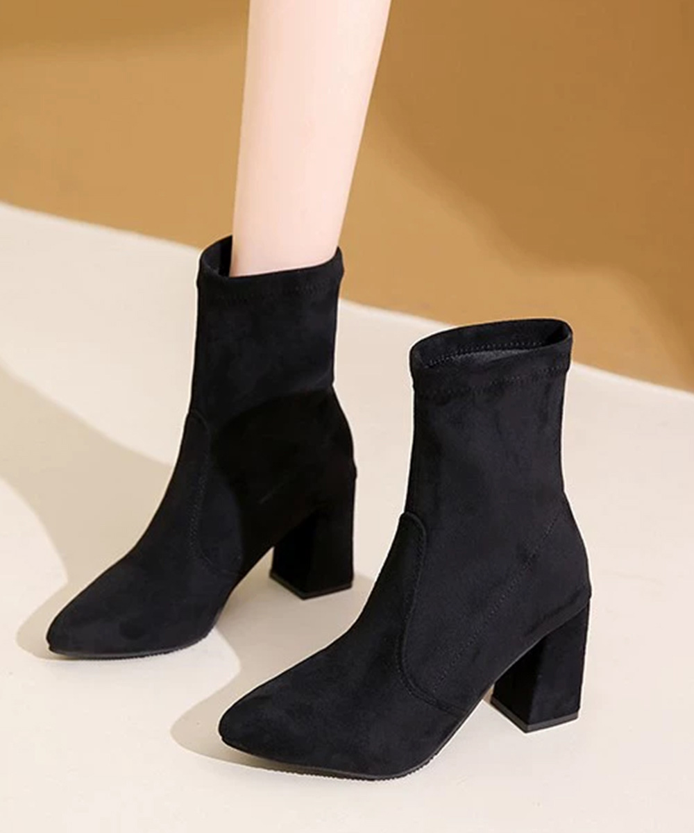 黒靴 レディース スエード調伸縮ショートブーツ 太ヒール
