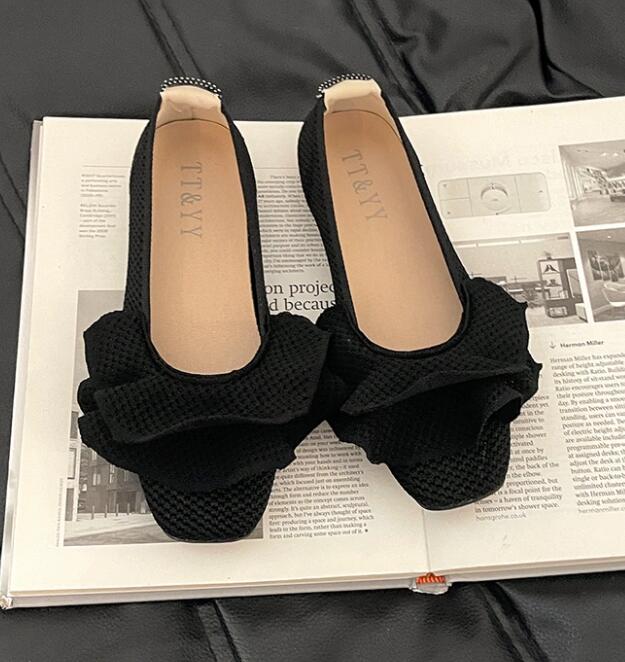 黒靴 秋冬 レディース 履きやすいリボンフラットパンプス