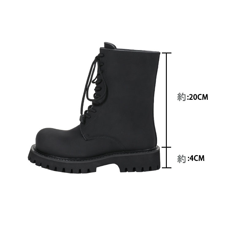 黒靴 男女兼用黒革靴 厚底編み上げワークブーツ