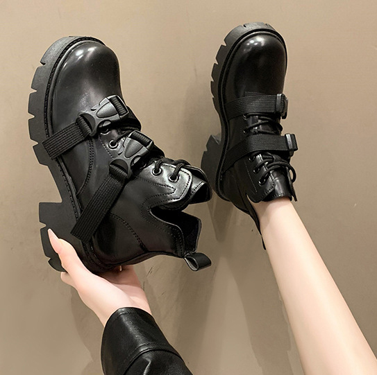 黒靴 レディース黒厚底ダブルベルト編み上げ美脚ブーツ