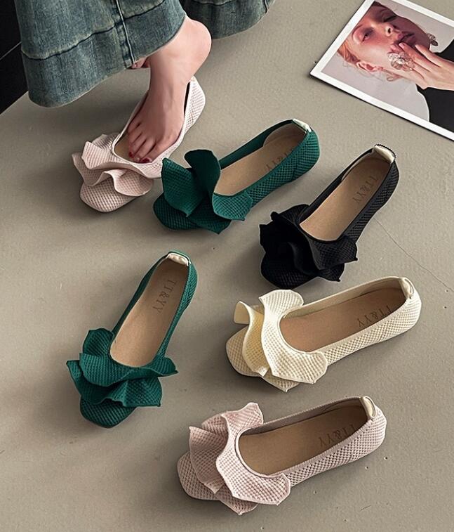 黒靴 秋冬 レディース 履きやすいリボンフラットパンプス