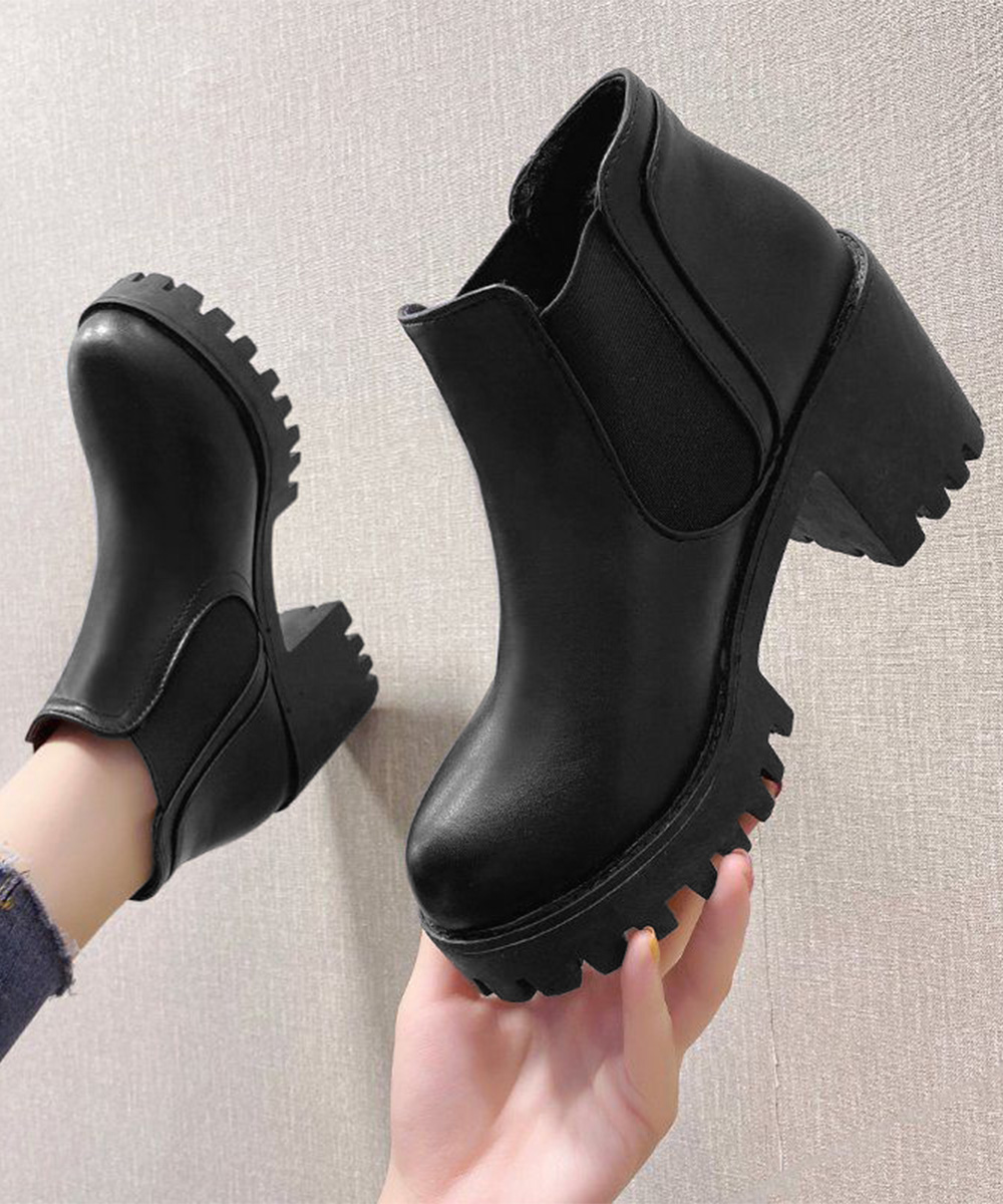 黒靴 レディース黒厚底サイドゴア太ヒールブーツ