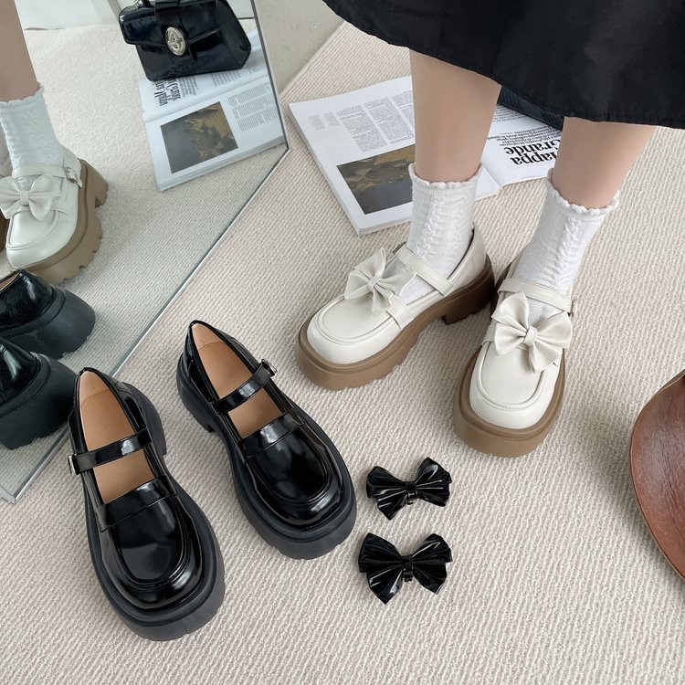 黒靴 厚底革靴ローファー韓国風リボン付き女性用