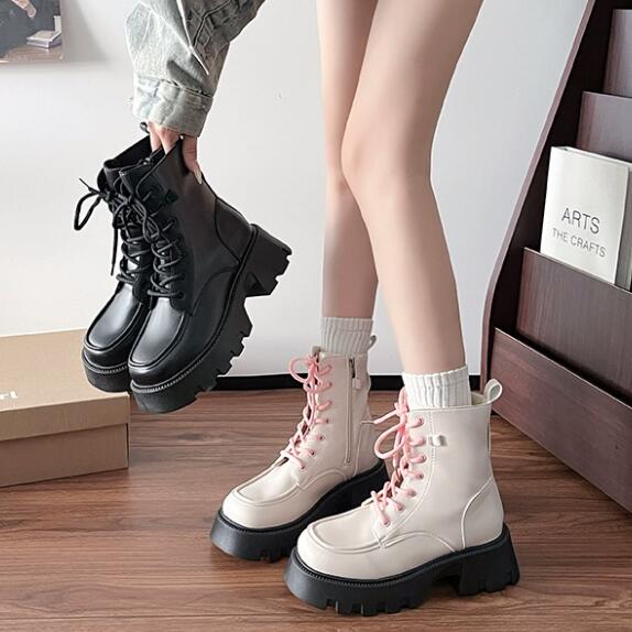 黒靴 秋冬厚底革靴 編み上げ式短丈靴 お出かけ用