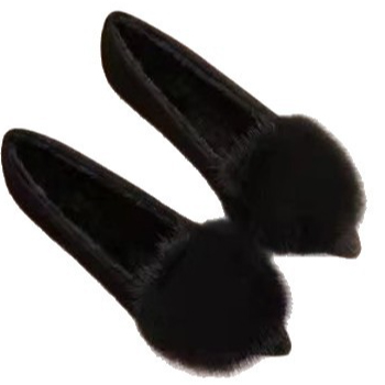 黒靴 2 レディース もこもこファーパンプス ぺたんこ歩きやすい靴