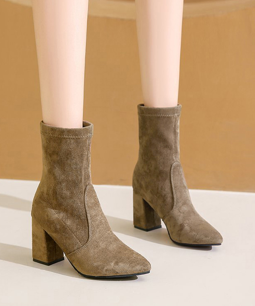 黒靴 レディース スエード調伸縮ショートブーツ 太ヒール