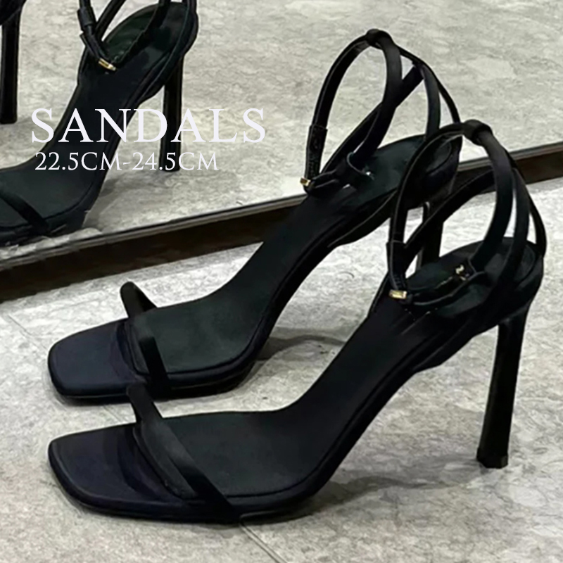 黒靴 女性用黒色細身ヒール付きストラップサンダル