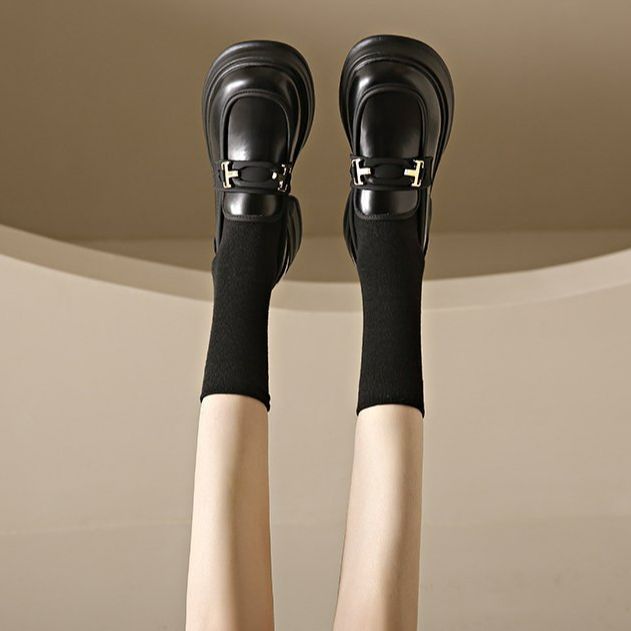 韓国風厚底革靴ローファー女性用黒靴