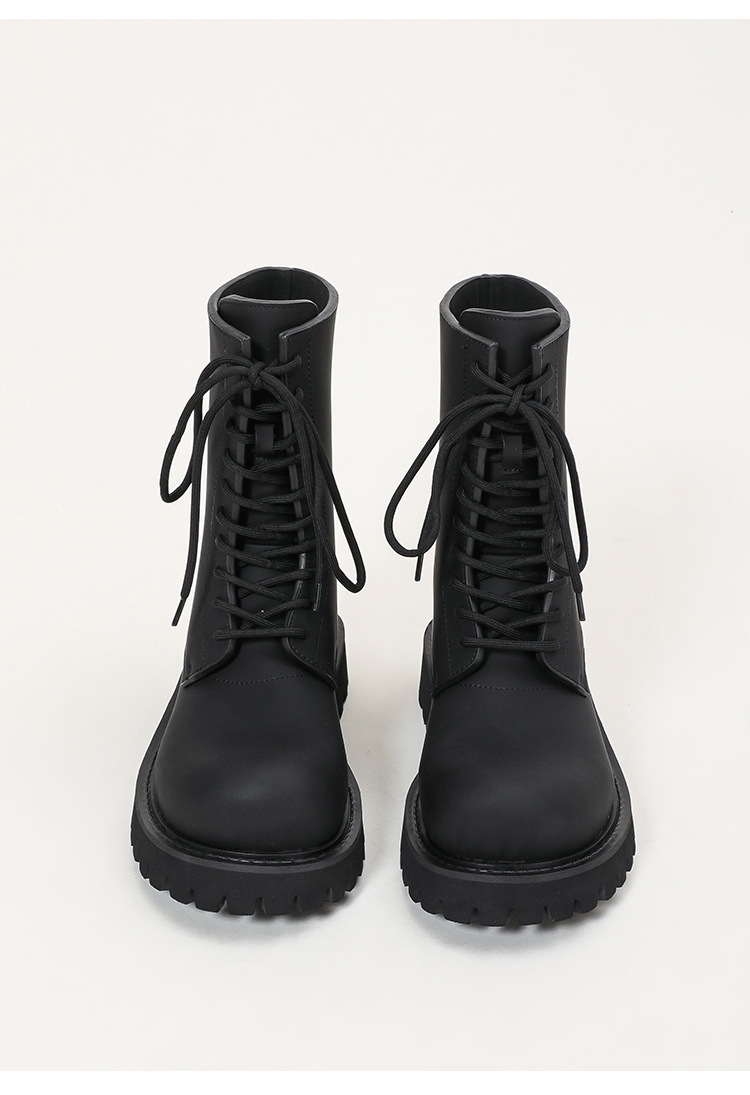 黒靴 男女兼用黒革靴 厚底編み上げワークブーツ
