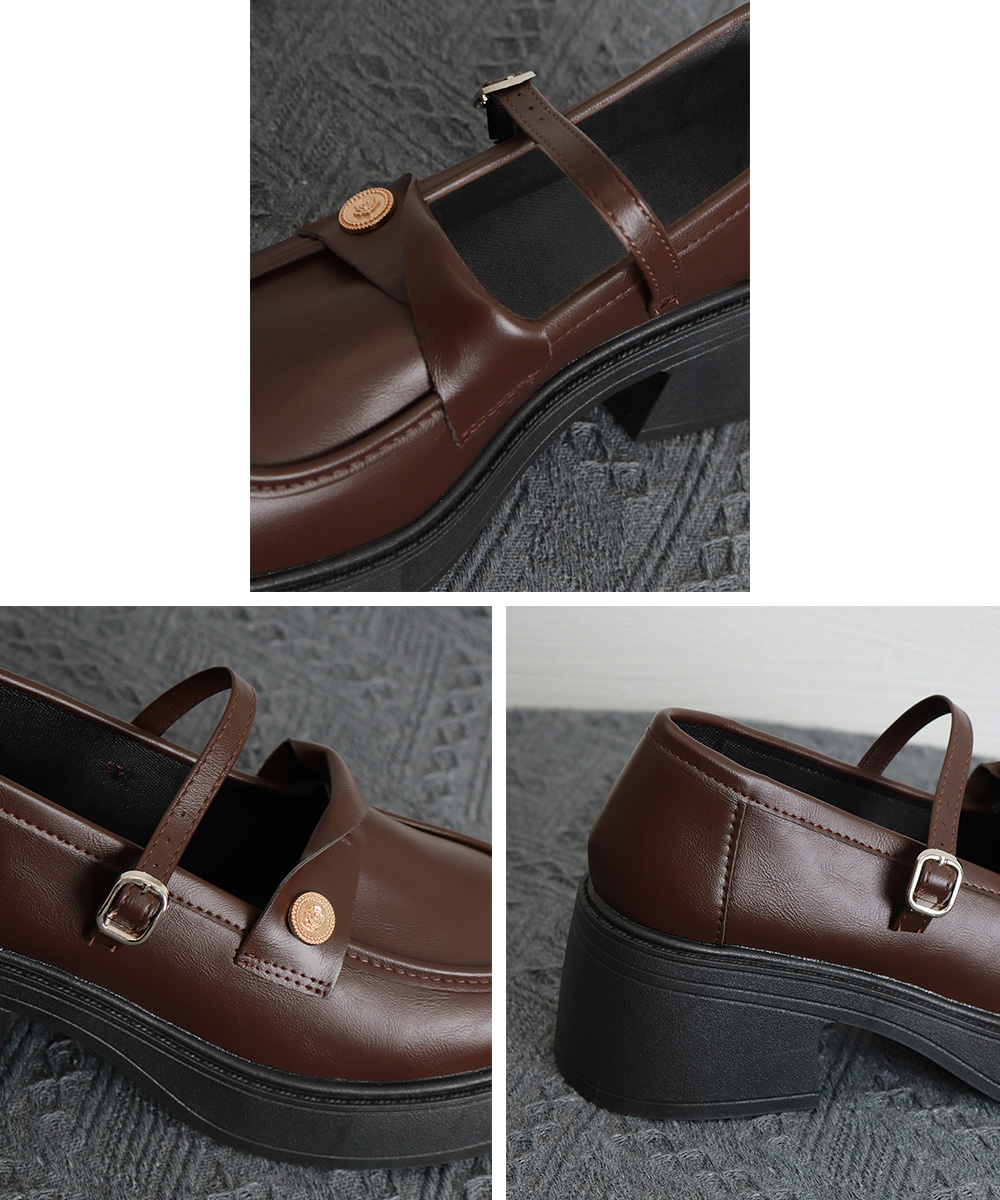 レディース厚底ローファー太ヒール甲ベルト黒靴