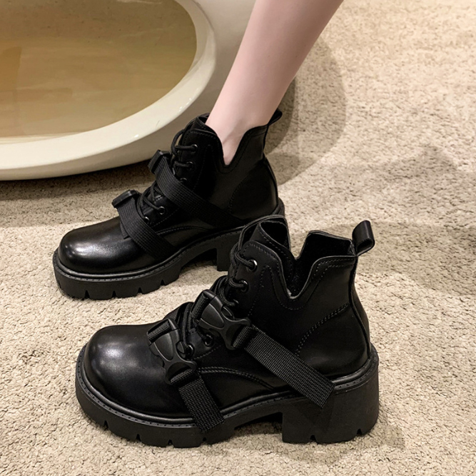 黒靴 レディース黒厚底ダブルベルト編み上げ美脚ブーツ