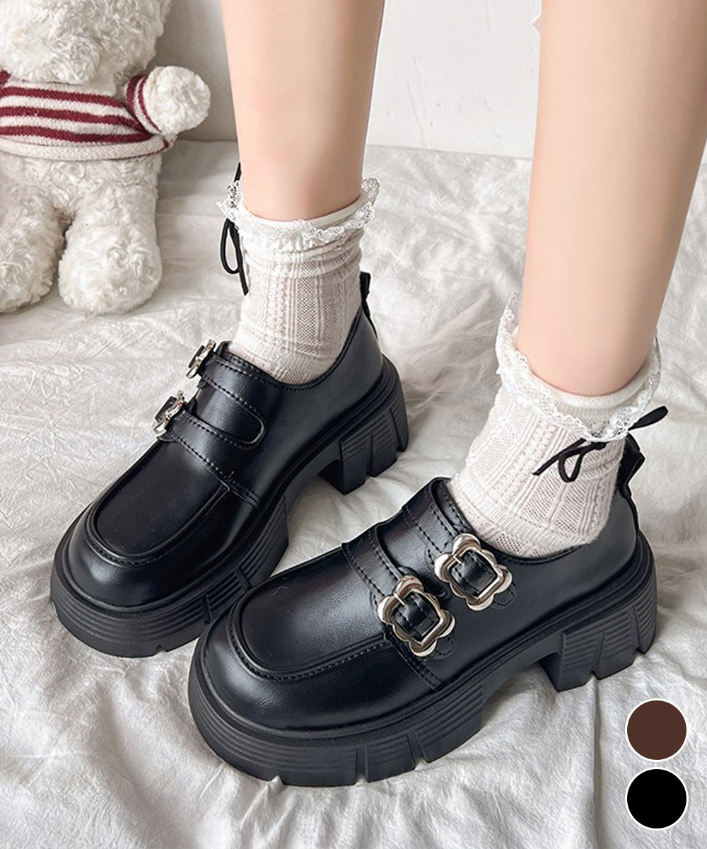 レディース厚底ローファー ダブルストラップ美脚黒靴