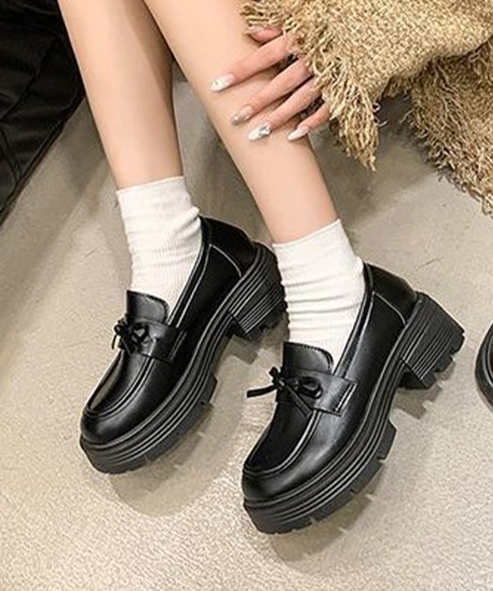 黒靴 レディース厚底ローファー合皮リボン付き学院風