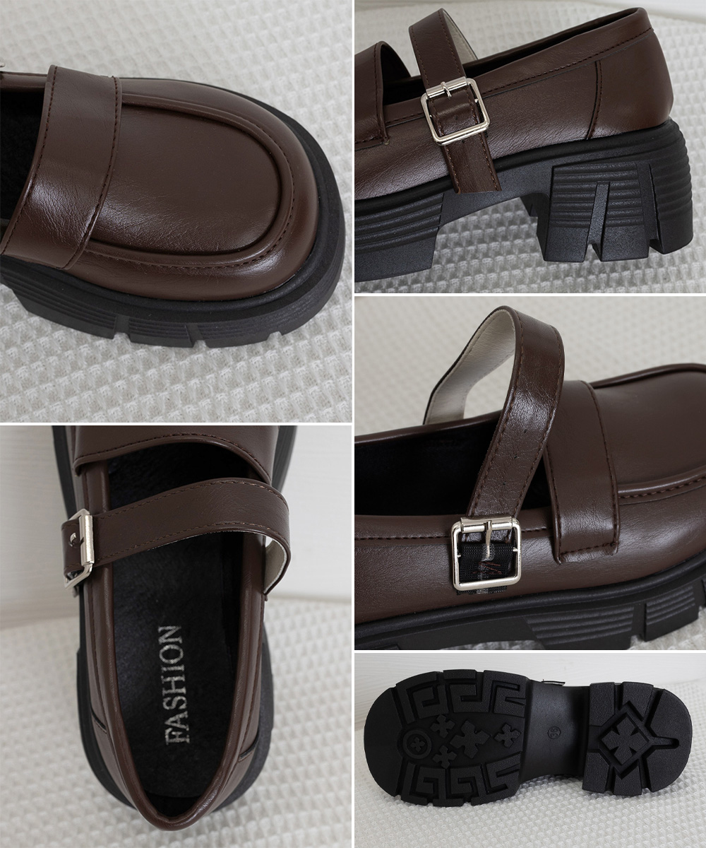 黒靴 レディース 二重ベルト厚底革靴 韓国風美脚ローファー