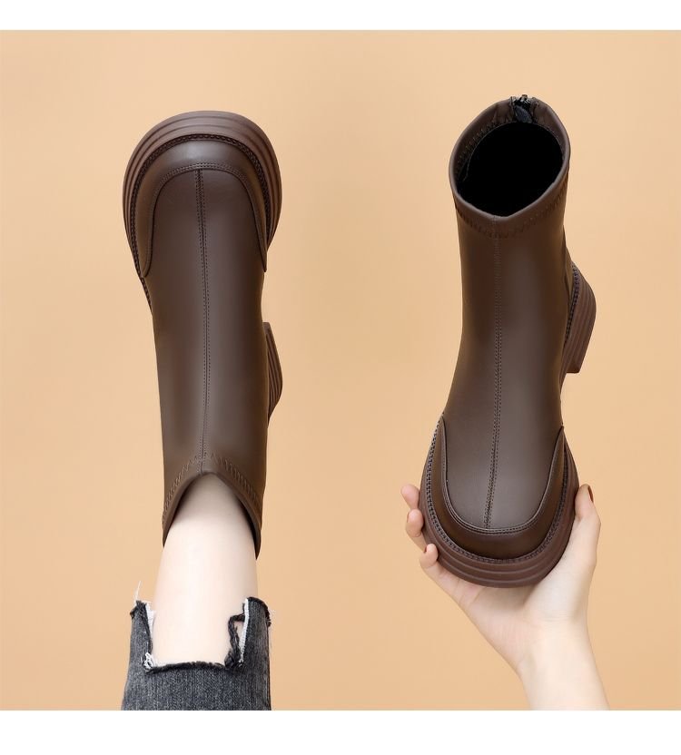 黒靴 レディース 秋冬 ブーツ 後ろ金具付き 革調 柔らか 脚長効果