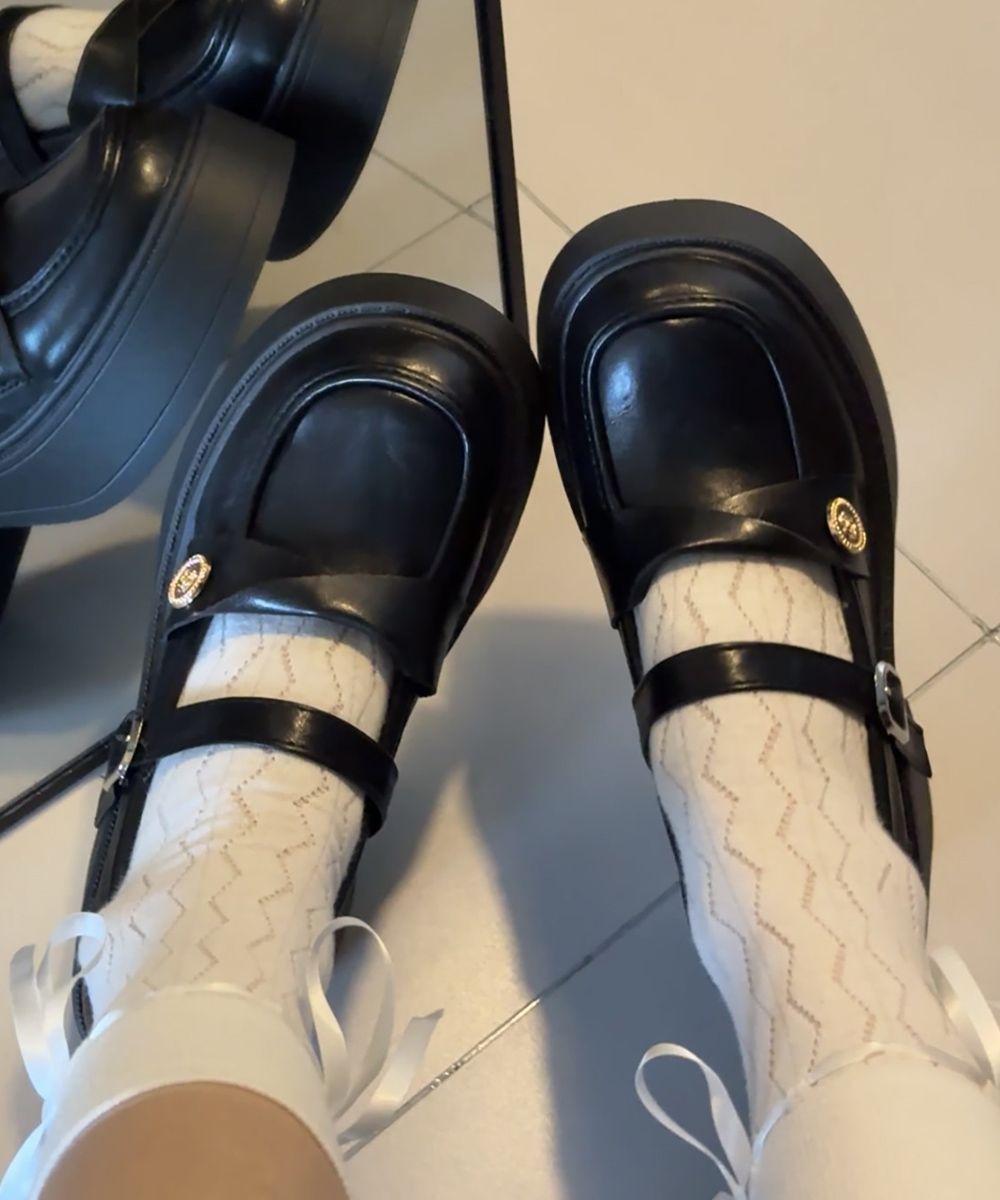 レディース厚底ローファー太ヒール甲ベルト黒靴