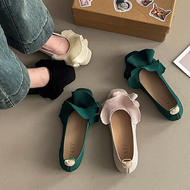 黒靴 秋冬 レディース 履きやすいリボンフラットパンプス