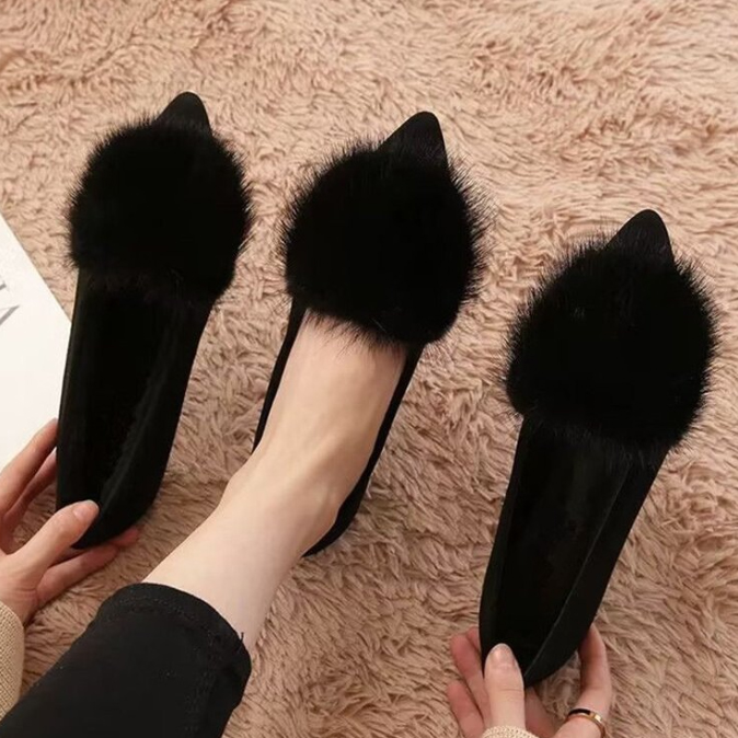 黒靴 2 レディース もこもこファーパンプス ぺたんこ歩きやすい靴