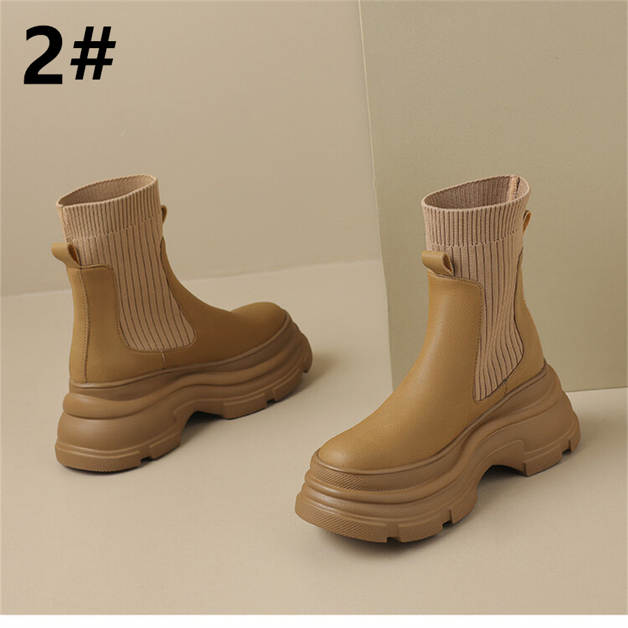 黒靴 革靴 厚底ソックス靴 レディース 秋冬 編み上げ革靴