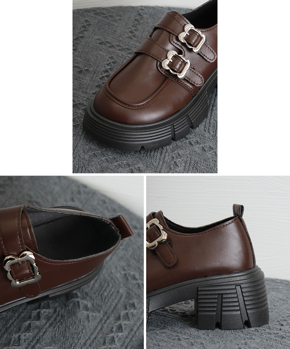 レディース厚底ローファー ダブルストラップ美脚黒靴