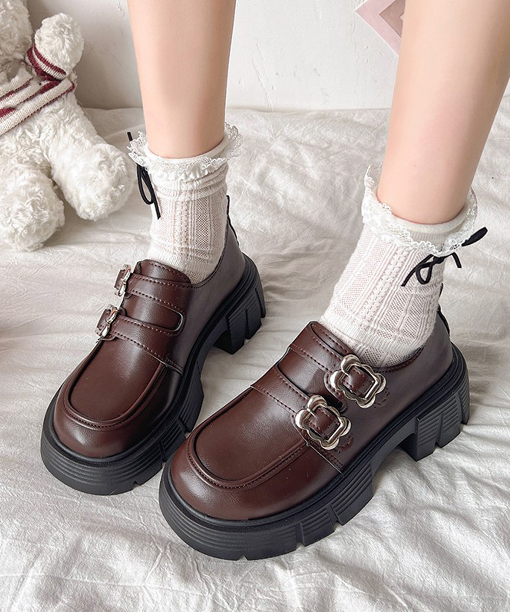 レディース厚底ローファー ダブルストラップ美脚黒靴