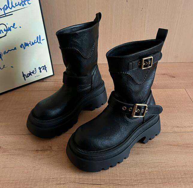 黒靴 秋冬革靴 厚底ショートブーツ ベルト付き