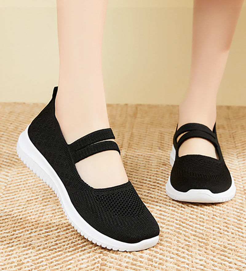 黒靴 編み素材オールシーズン対応黒スリッポン女性用