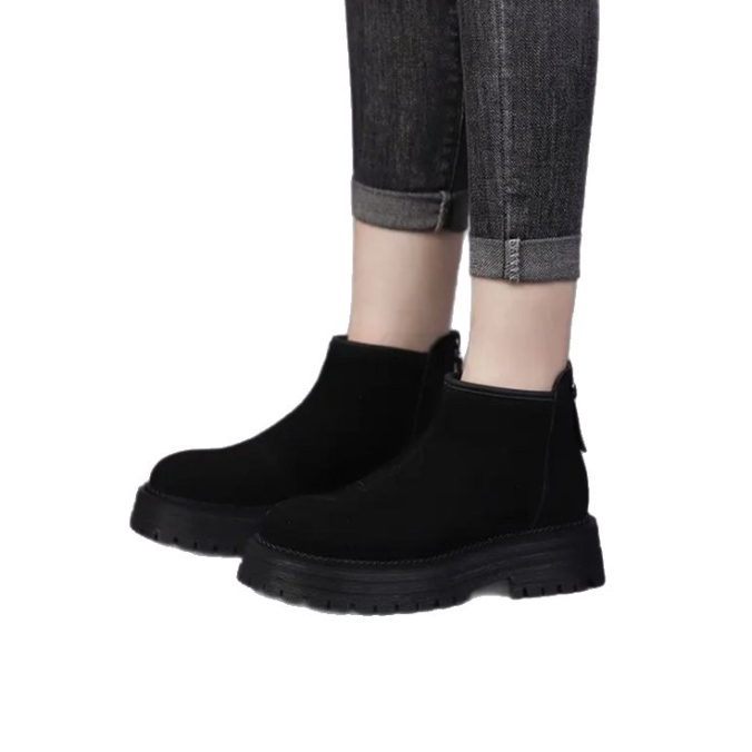 黒靴 2025新作 レディース 黒 厚底ショートブーツ 裏起毛 スエード調