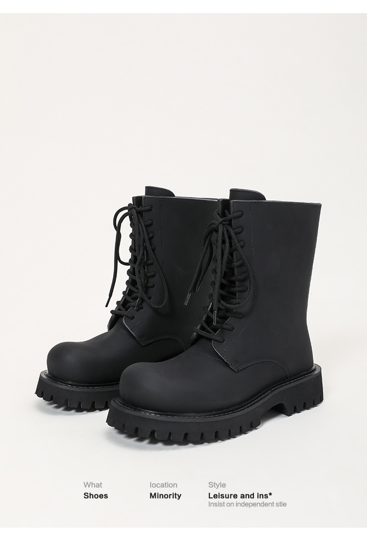 黒靴 男女兼用黒革靴 厚底編み上げワークブーツ