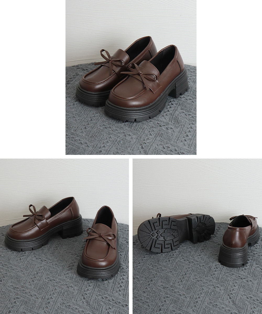 黒靴 レディース厚底ローファー合皮リボン付き学院風