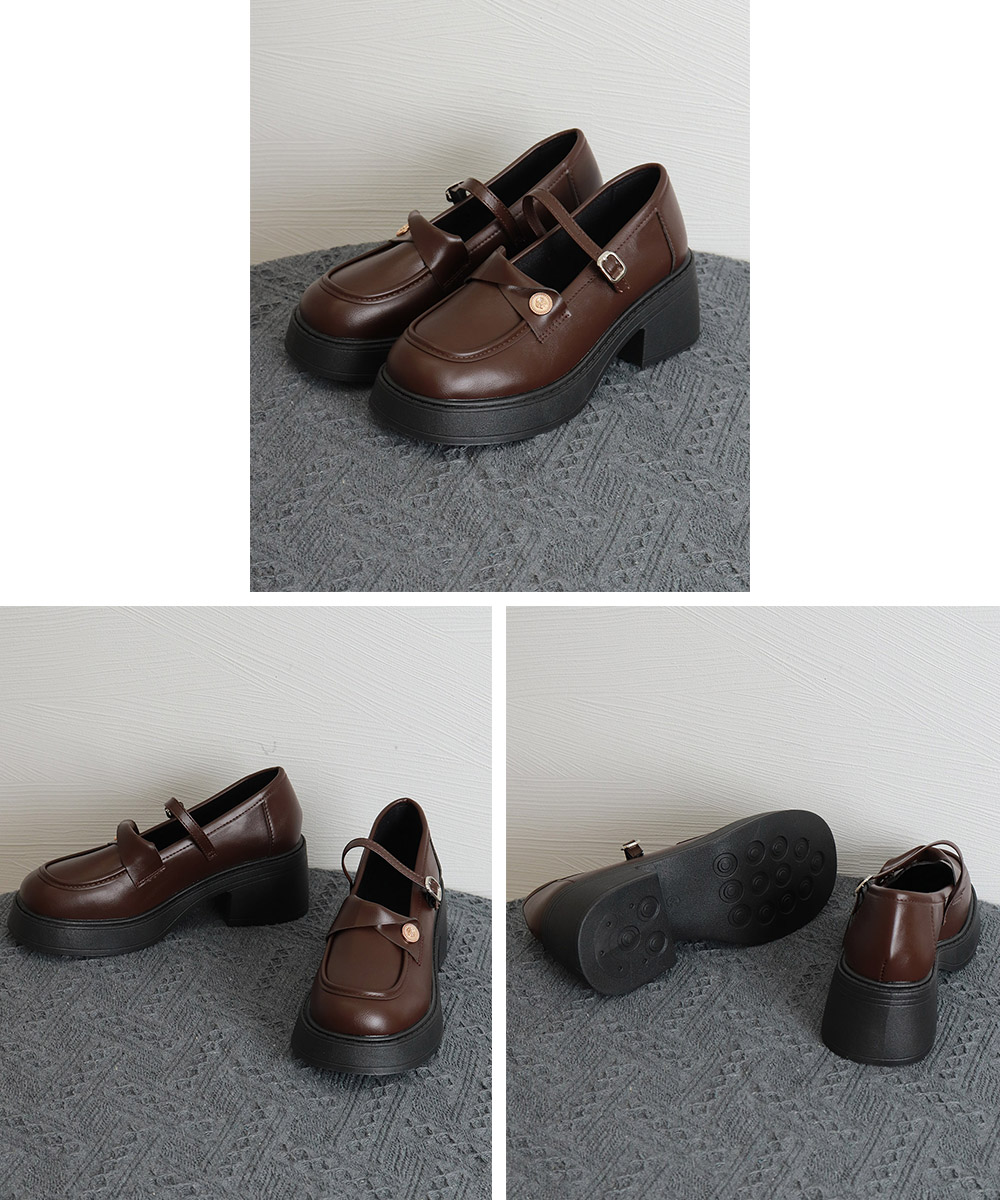 レディース厚底ローファー太ヒール甲ベルト黒靴