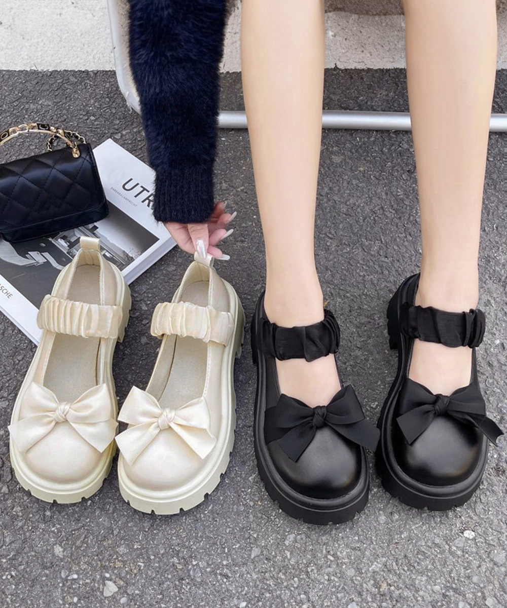 黒靴 リボン飾り厚底ローファー 革靴 美脚パンプス