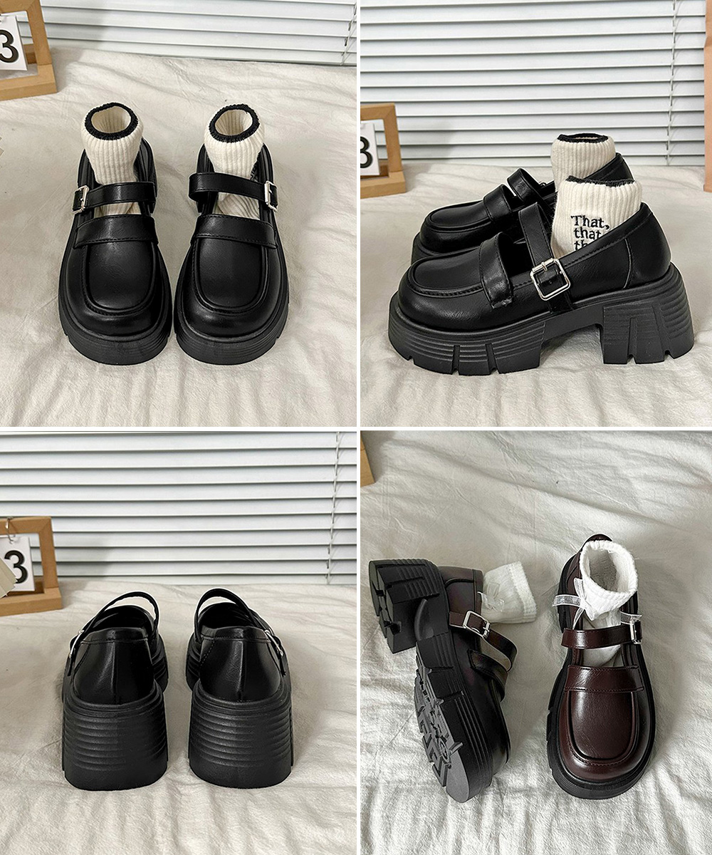 黒靴 レディース 二重ベルト厚底革靴 韓国風美脚ローファー