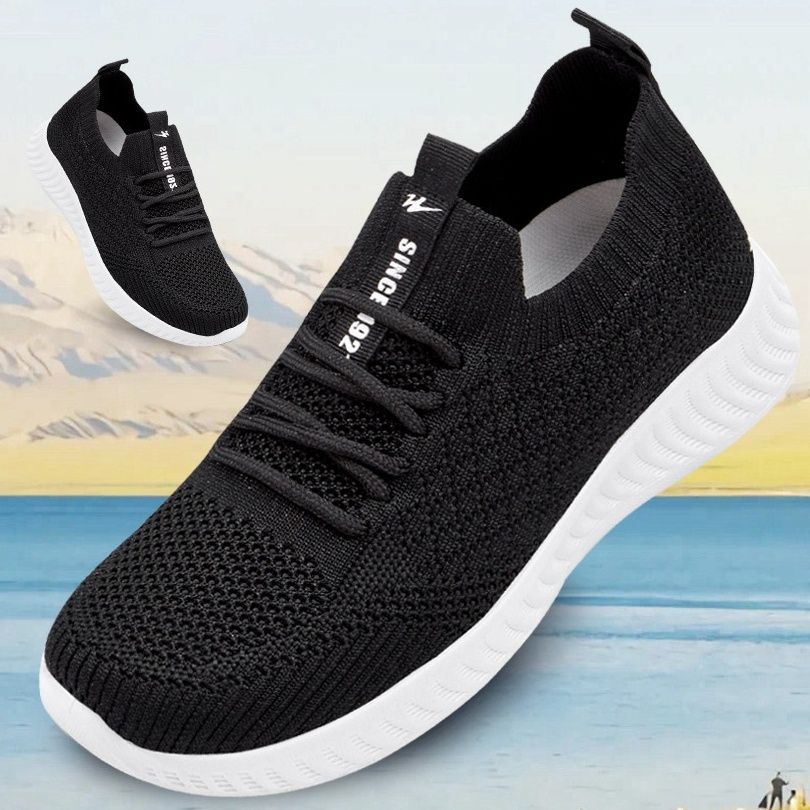 黒スニーカー 通気性抜群ニット編み厚底運動靴