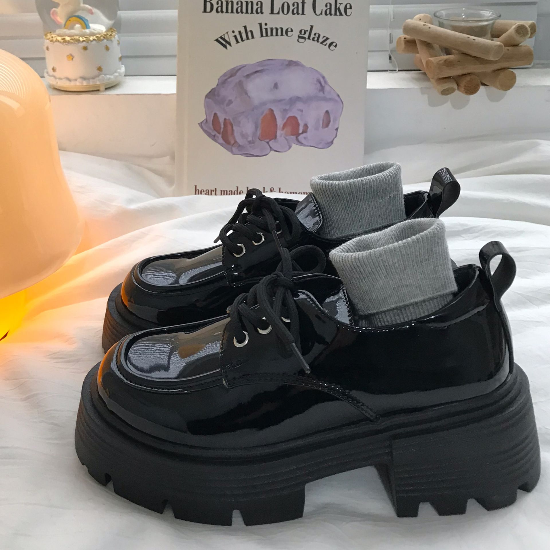 黒スニーカー 厚底プラットフォーム靴下履き運動靴