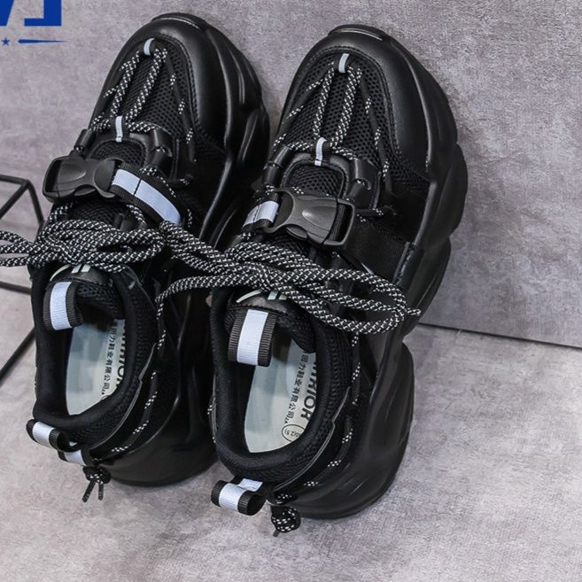 黒スニーカー 多重ベルト厚底スポーツシューズ