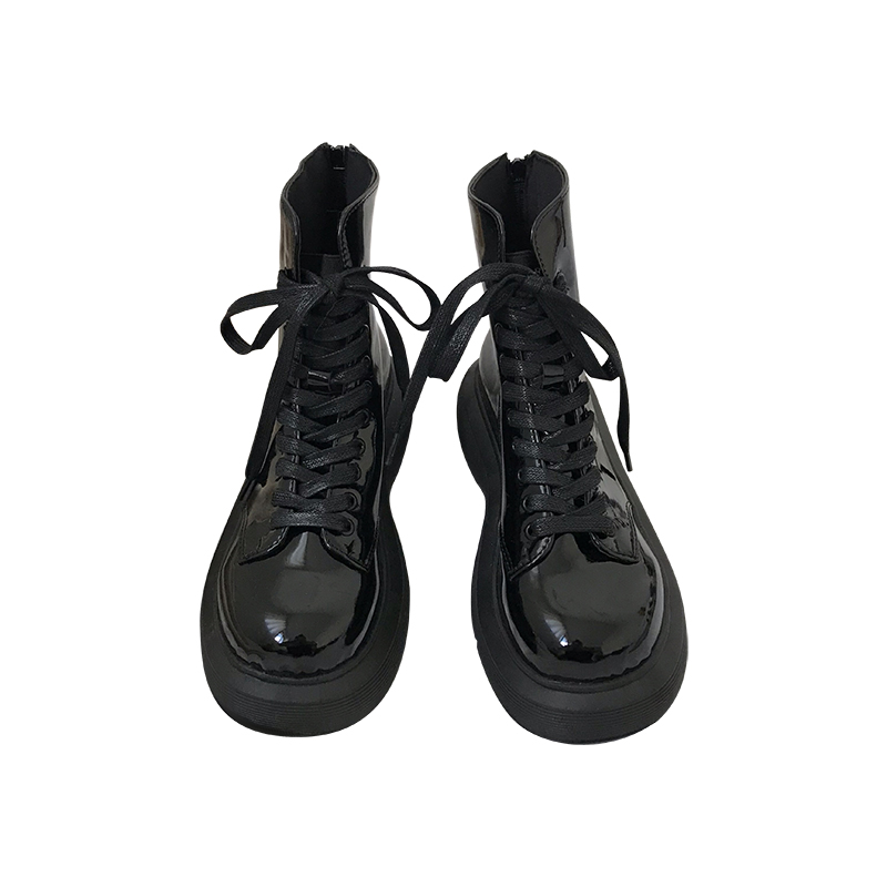 黒スニーカー 光沢エナメル調厚底ハイカット運動靴
