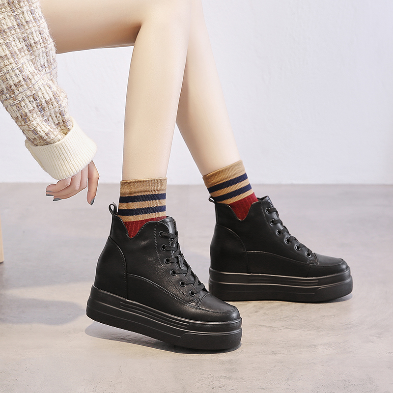 黒スニーカー レースアップ高底プラットフォーム運動靴