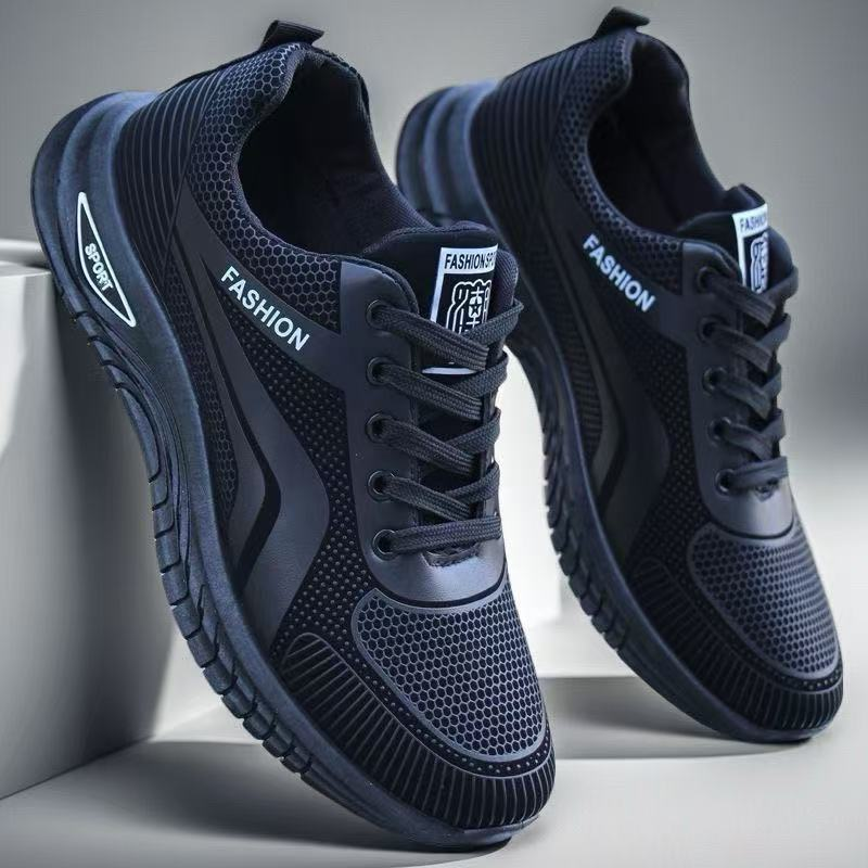黒スニーカー 通気性抜群メッシュ素材軽量ジョギングシューズ