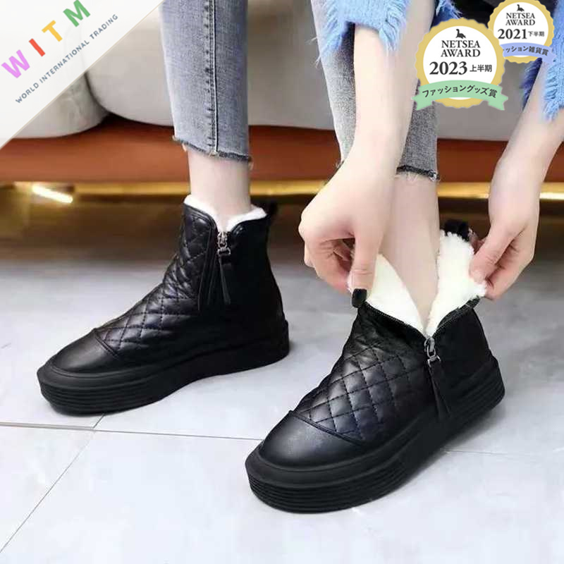 黒スニーカー 2024冬新作 キルティング厚底ブーツ 裏起毛 防寒靴 女性用
