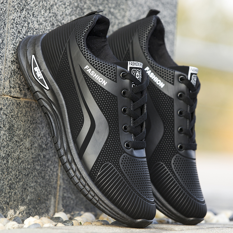 黒スニーカー 通気性抜群メッシュ素材軽量ジョギングシューズ