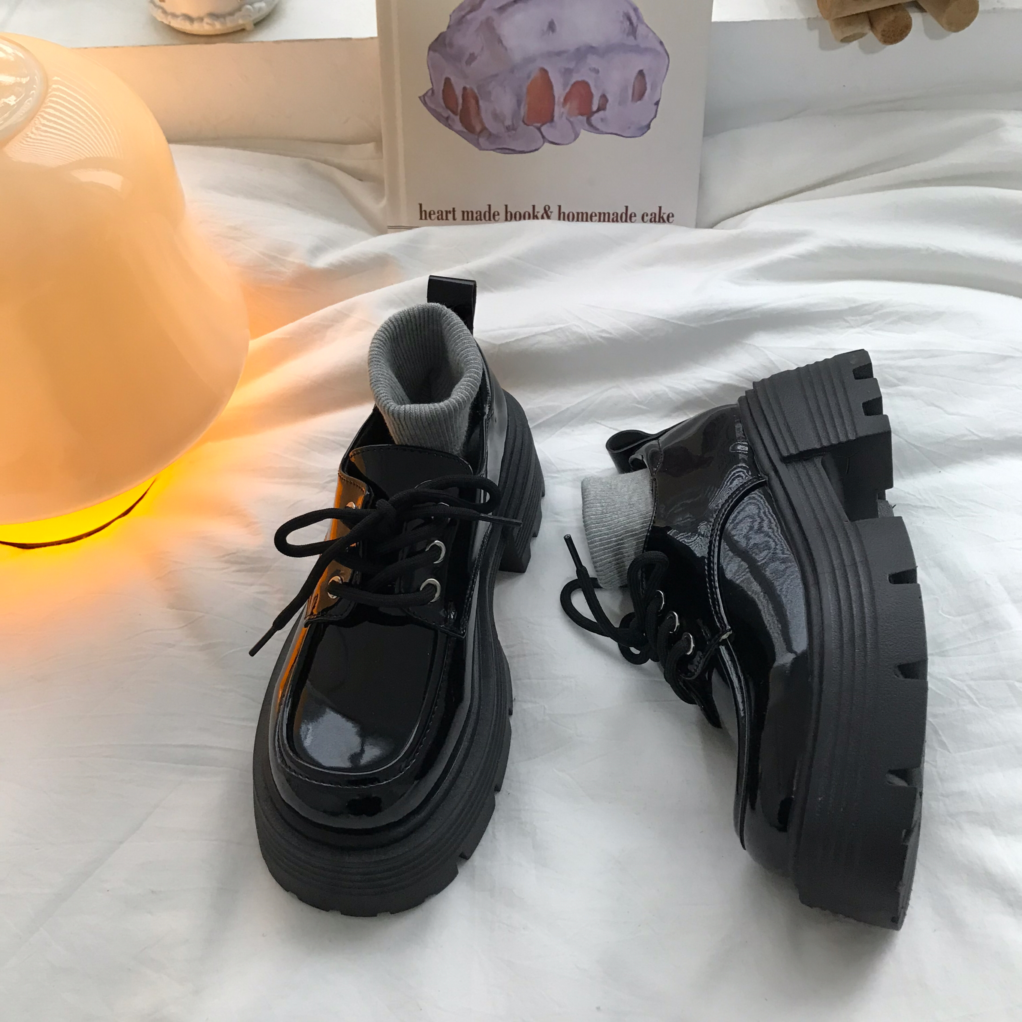 黒スニーカー 厚底プラットフォーム靴下履き運動靴