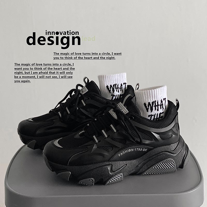 黒スニーカー 多層構造厚底運動靴スポーツカジュアルシューズ