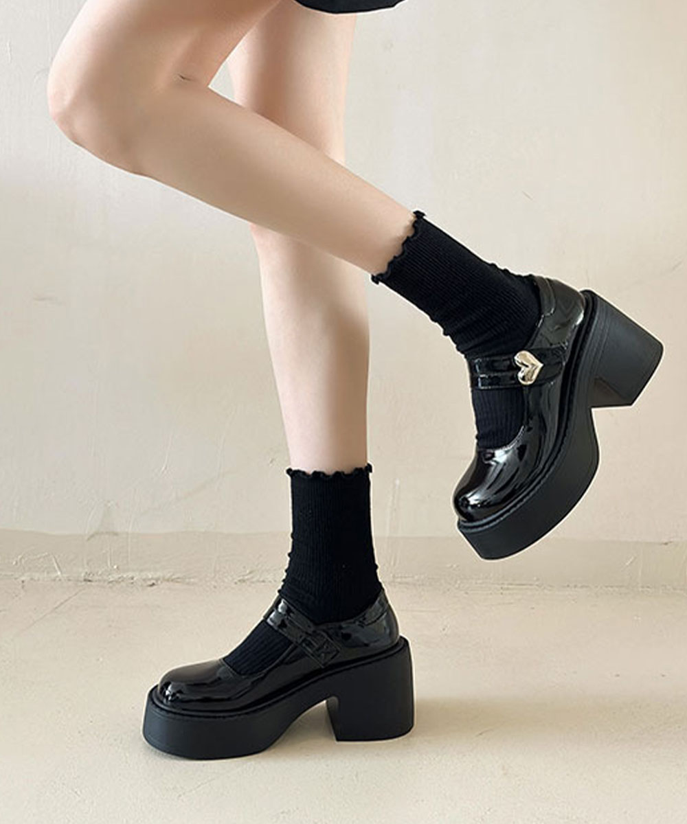 黒スニーカー 厚底ローファー黒エナメル韓国風レディース靴