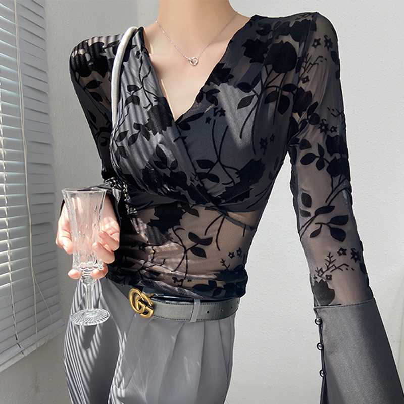 黒ブラウス 花柄シースルーカシュクール長袖ブラウス