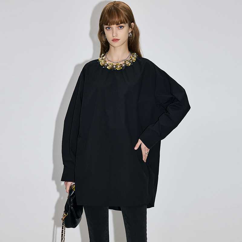黒ブラウス ドレープショルダー シフォンブラウス