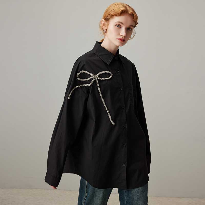 黒ブラウス リボン刺繍オーバーサイズブラウス