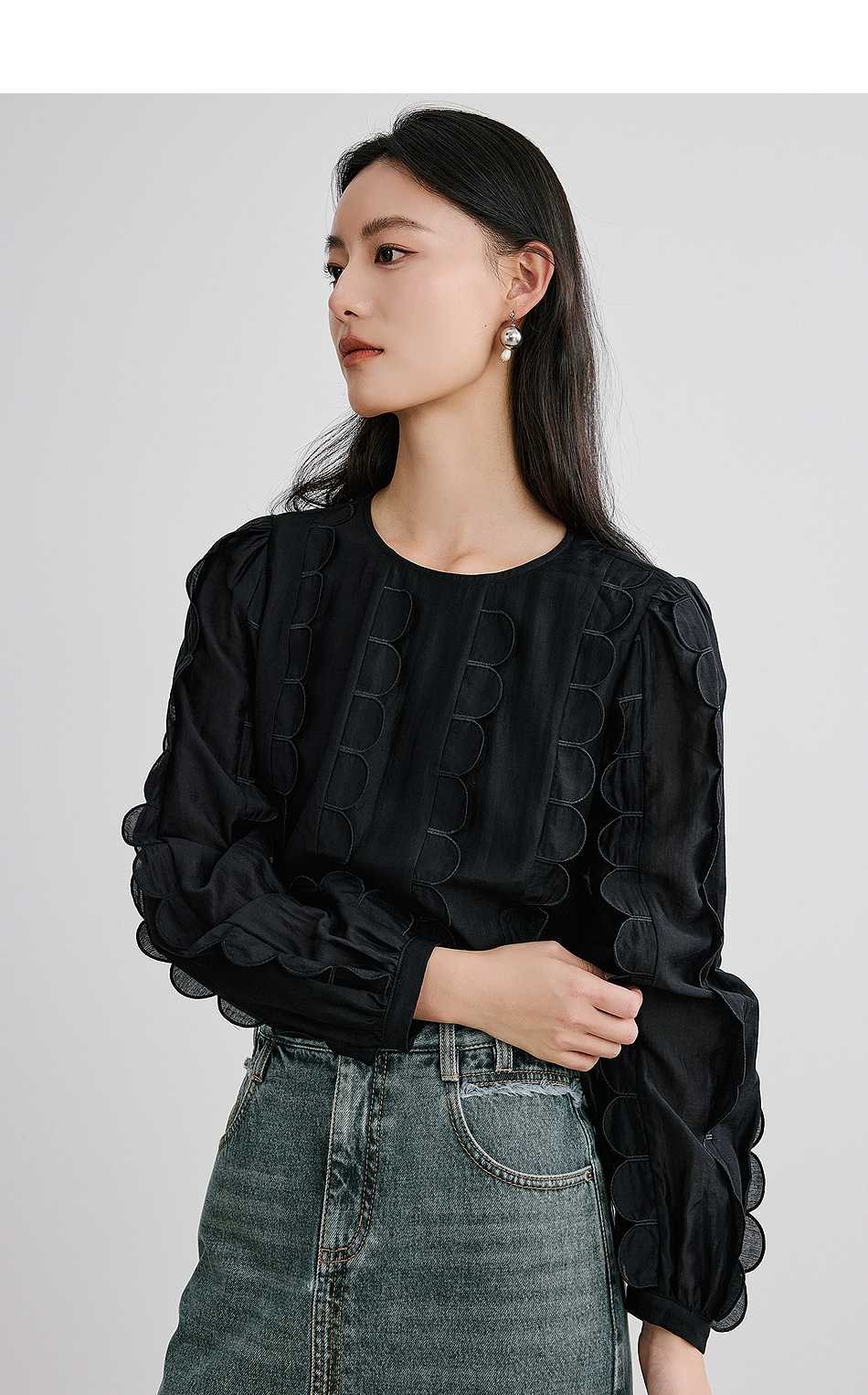 黒ブラウス シフォン透かし半円デザインブラウス