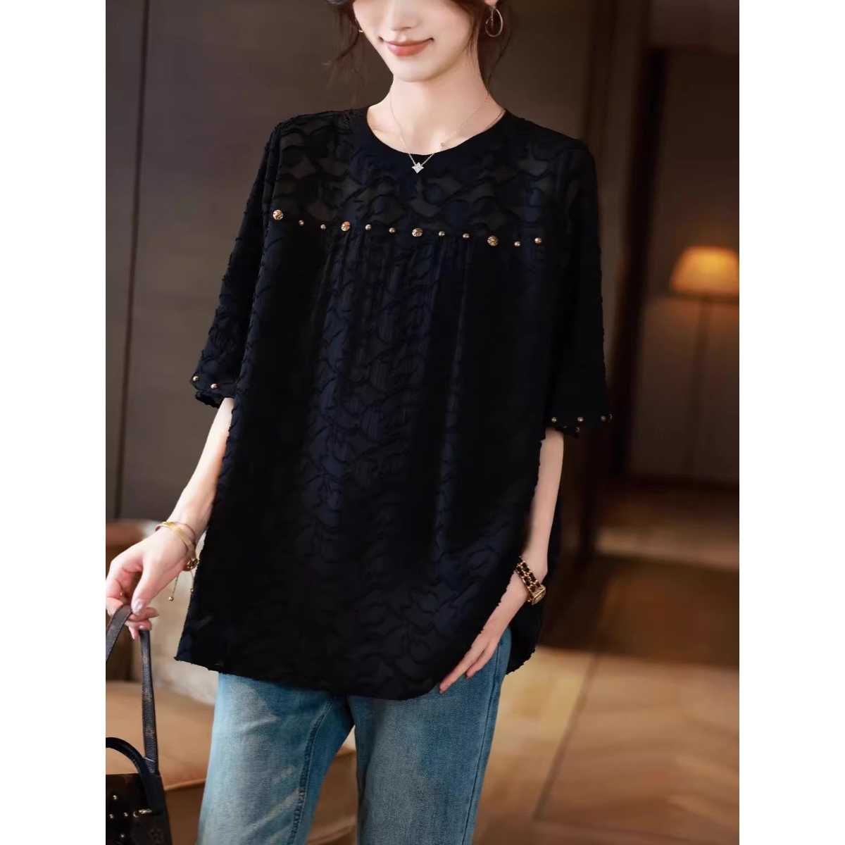 黒ブラウス スタッズ付きシフォンドレスブラウス